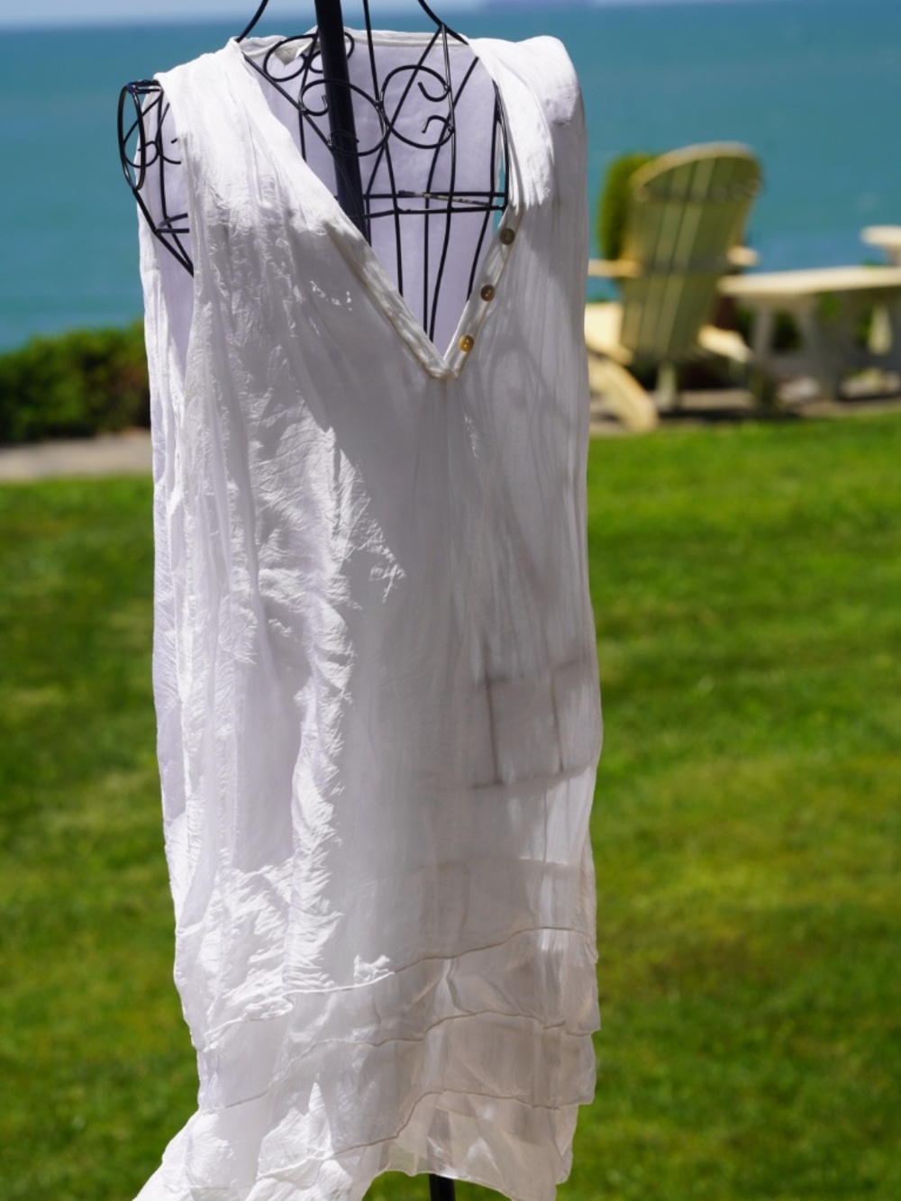 Pure Venice Italy White Crinkle Silk Blend Tiered Henley Tank Top Tunic Blouse M
